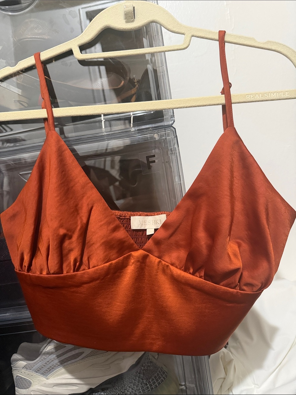 Meshki Rust Satin V-Neck Cropped Cami